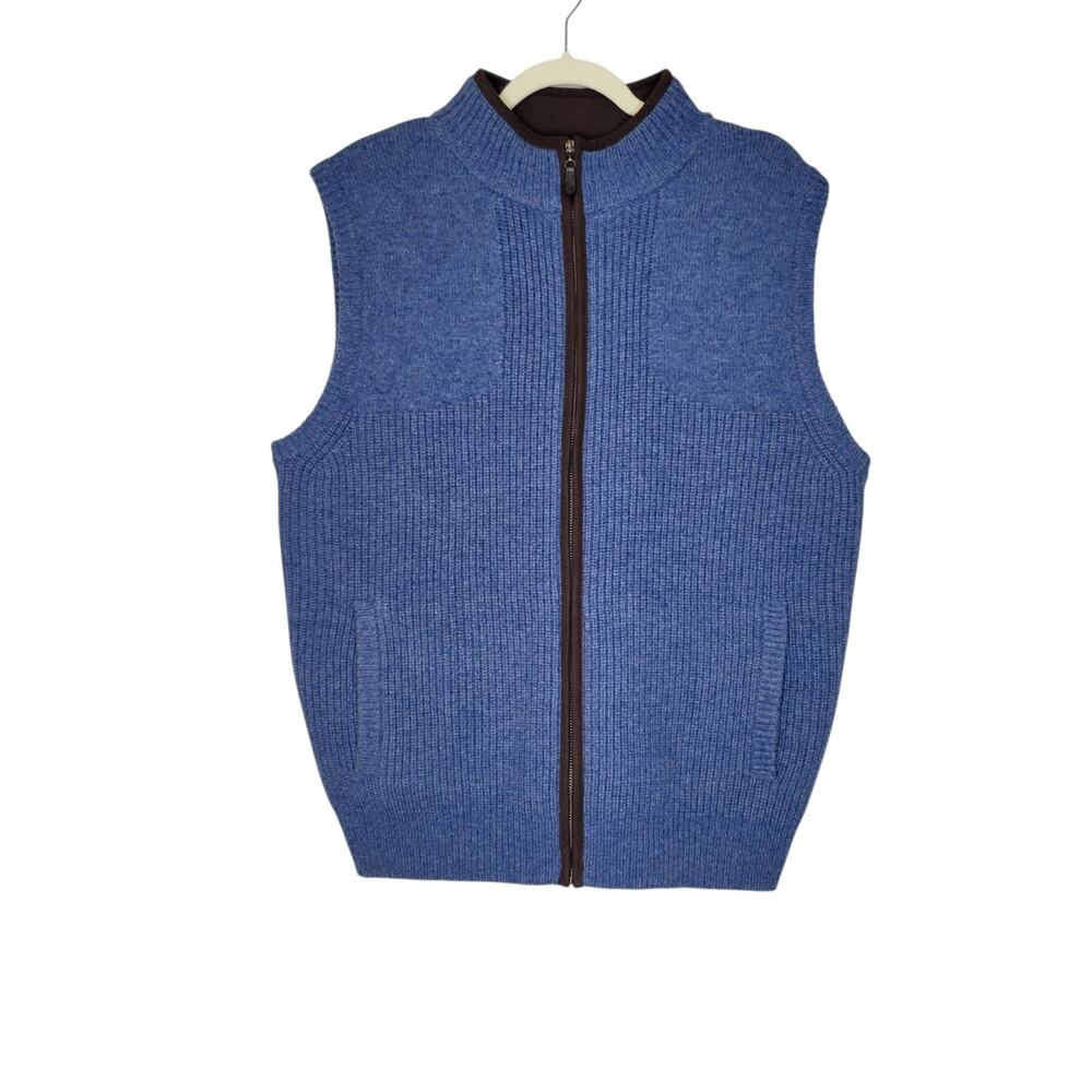 LL Bean Waterfowl Lambs Wool Sweater Vest Mens Medium Blue Full Zip Merino Knit